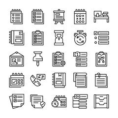 Project management icon set depicting scheduling, progress tracking, and task completion