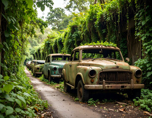 Overgrown Road Post-Apocalyptic Vines Embrace Abandoned Cars