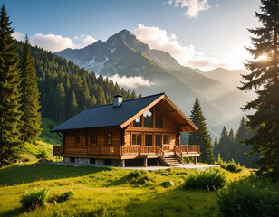 Fototapeta premium Serene Mountain Cabin Firefly Nights & Alpine Views