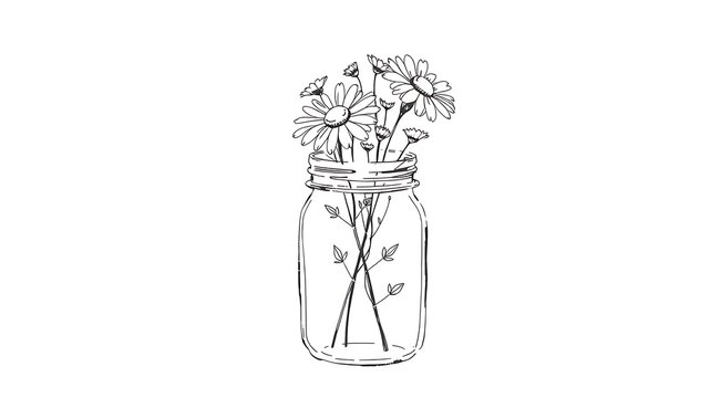 Delicate hand drawn daisies and greenery in a mason jar against white background