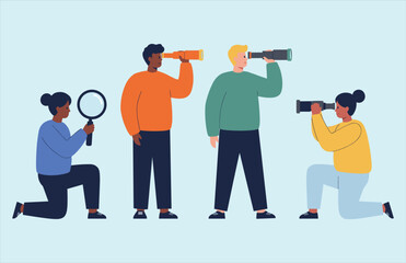 Future business strategy development concept illustration. Team looking for opportunities. People searching for new ideas. Aiming for success, vision, and planning.