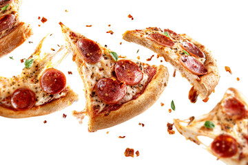 Pepperoni pizza with melted cheese and flying slices with crumbs and herbs isolated on transparent background