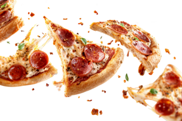 Pepperoni pizza with melted cheese and flying slices with crumbs and herbs isolated on transparent background