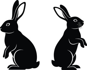 Silhouette of two rabbits sitting upright, black vector bunny illustration, cute animal pose, side profile, Easter symbol, wildlife art, minimal design, nature theme