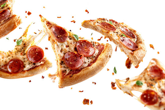 Pepperoni pizza with melted cheese and flying slices with crumbs and herbs isolated on transparent background