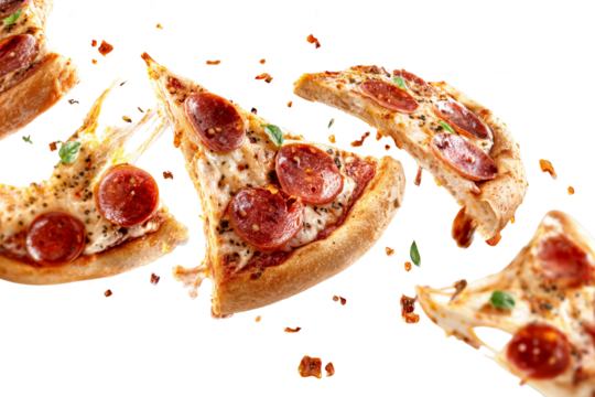 Pepperoni pizza with melted cheese and flying slices with crumbs and herbs isolated on transparent background