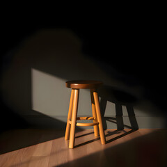 Rustic Solitude: Wooden Stool in Shadowy Serenity