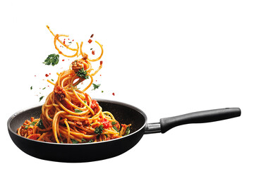 Spaghetti bolognese with ground beef tomato sauce and herbs flying from frying pan isolated on transparent background