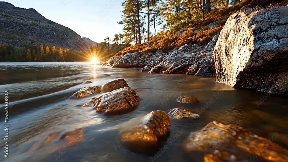 Aufkleber golden light on water and rocks with mountain view and autumn trees