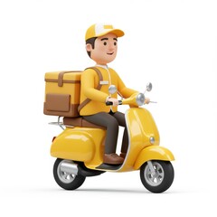 3d delivery person on scooter isolated on white background