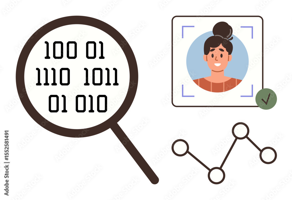 Poster magnifying glass examines binary code, verified profile photo with facial recognition frame and tick