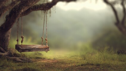 Rustic wooden swing in misty forest