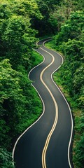 Fototapeta premium A winding road curves through dense, lush green forest, framed by tall trees and foliage on both sides.