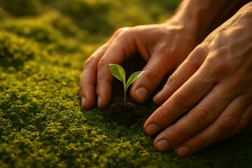 Close-up of adult hands planting a small green seedling in moss-covered soil. A visual metaphor of growth, nature, sustainability, and environmental responsibility.