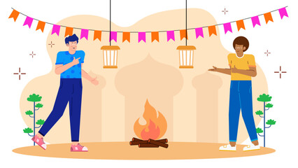 Two men joyfully celebrate near a bonfire, surrounded by festive flags, perfect for party, celebration, outdoor events, and fun concepts.