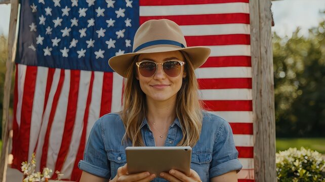 Woman holding tablet with american flag backdrop wearing hat and sunglasses outdoors smiling at camera