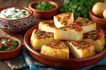 Sliced potato dish with herbs and sauce