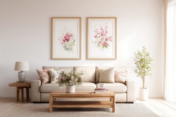 Light-filled living room with beige sofa, wooden coffee table, and two framed watercolor floral prints above