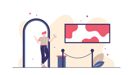 Man enjoying art on a phone in a modern gallery. Suitable for technology, art, gallery, contemporary lifestyle, mobile browsing concepts.