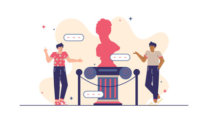 Two men observing a pink bust on a column in an art museum. Suitable for art history blogs or educational presentations.