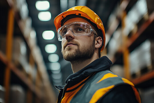 Warehouse Technician in High-Visibility Vest Inside Large-Scale Industrial Facility

