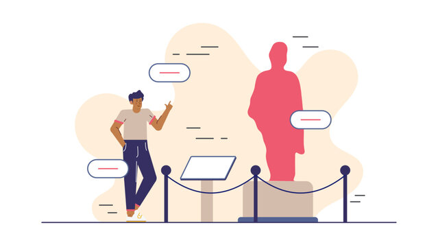 Man learning about museum statue, reading informational plaques nearby. Suitable for educational, historical, museum related designs, websites, articles, and presentations.