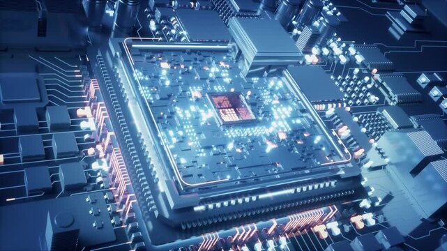 AI chip connected to the motherboard, activating the circuit board. Using cloud computing to process big data to ensure the operation of the city, AI brain neural network, computer room calculation,3D