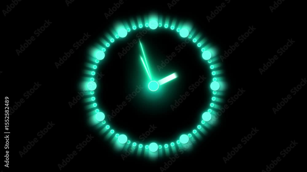 Poster animated digital time display glowing against dark black backdrop. bright glowing digital clock coun