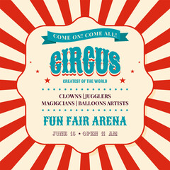 Colorful circus invitation poster with classic red striped background and bold typography, perfect for show announcements. Vector illustration