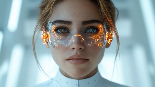 Portrait of a cyborg or AI woman with white background - Powered by Adobe