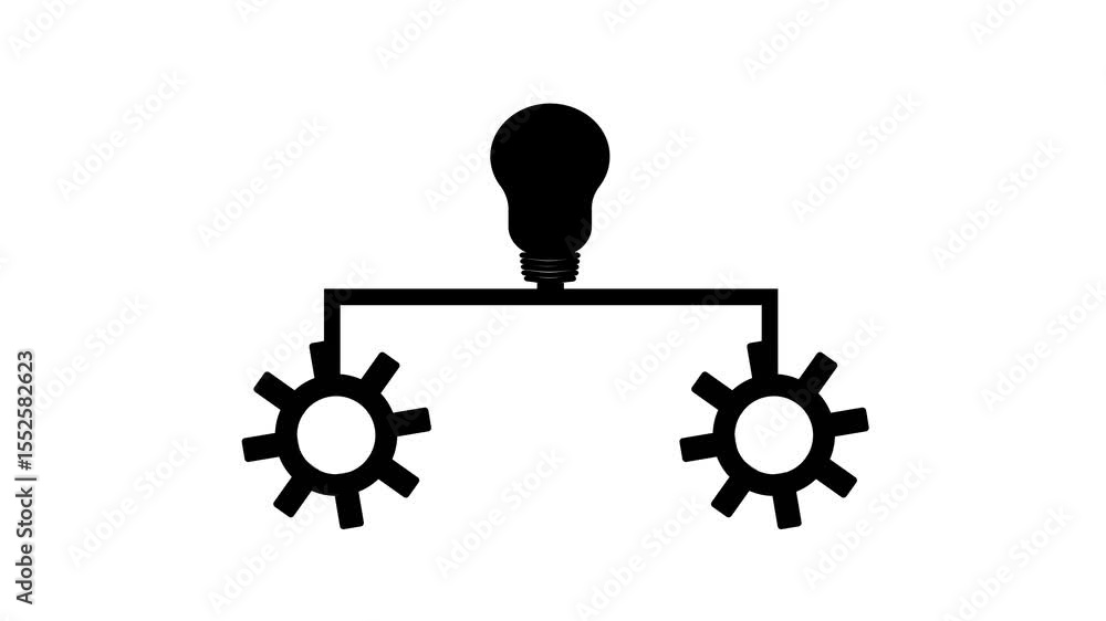 Poster innovation animation with two settings icons and light bulb. two gear icons rotating with bright bul
