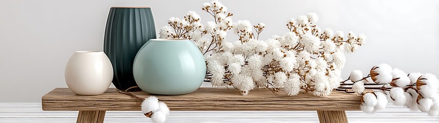 Decorative Vases and Cotton Arrangements on Wooden Bench