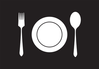 Fork, spoon, knife and plate. Menu symbol. Tableware instruments. Restaurant icon. Food, plate, fork, knife, spoon, cutlery icon set
