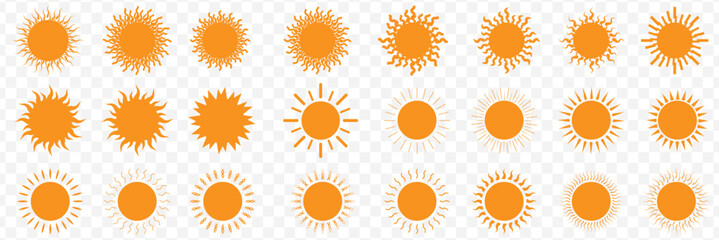 Different sun icons set. Scribble yellow sun with rays symbols. Doodle children drawings collection. Hand drawn burst. Hot weather sign. Vector illustration isolated on Transparent background. EPS 10.
