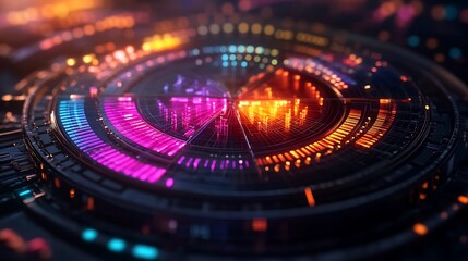 Abstract visualization of a circular technology interface with vibrant light patterns