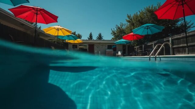 Underwater view of swimming pool with colorful umbrellas