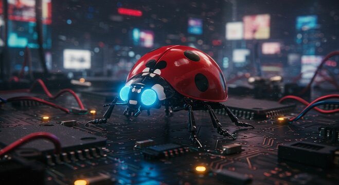 Futuristic ladybug robot on circuit board