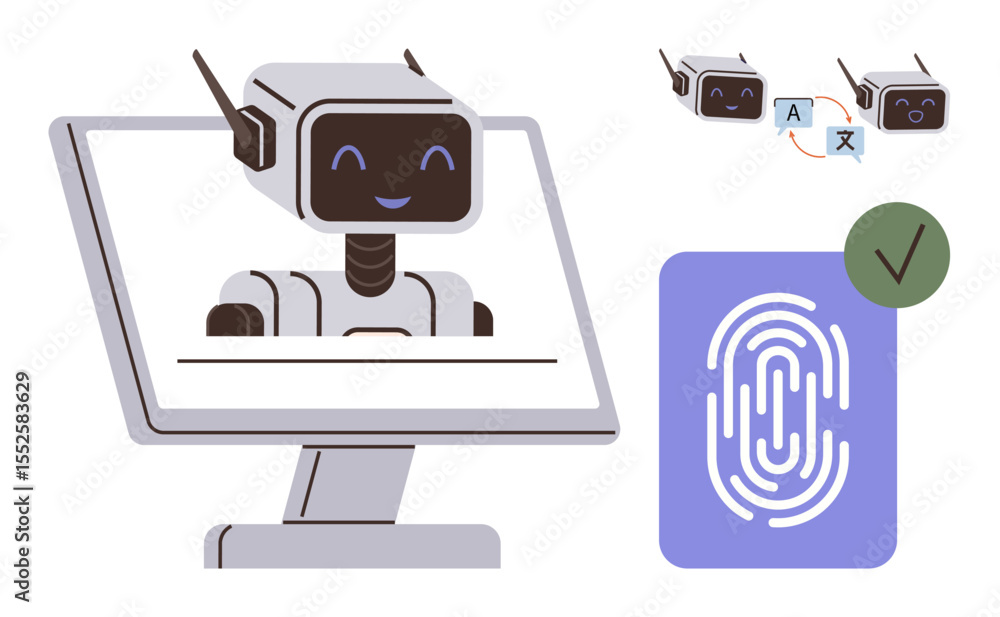 Poster ai robot on monitor, language translation icons, fingerprint scan with a checkmark. ideal for artifi