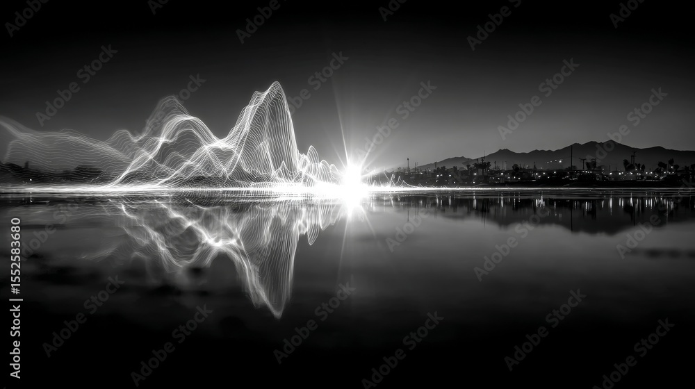 Poster abstract radio waves render showing rhythmic and flowing soundwave visualization in monochrome tones