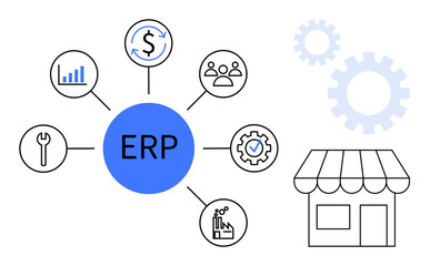 ERP icons include settings, analytics, team, manufacturing, finance, storefront. Ideal for business management, workflow optimization, automation cost-saving analytics integration simple flat