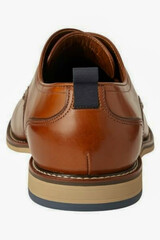 A close-up photograph of the heel and back portion of a brown leather dress shoe