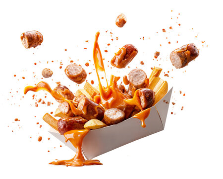 German currywurst with sliced sausages fries and curry sauce in paper tray with flying splash and crumbs isolated on transparent background