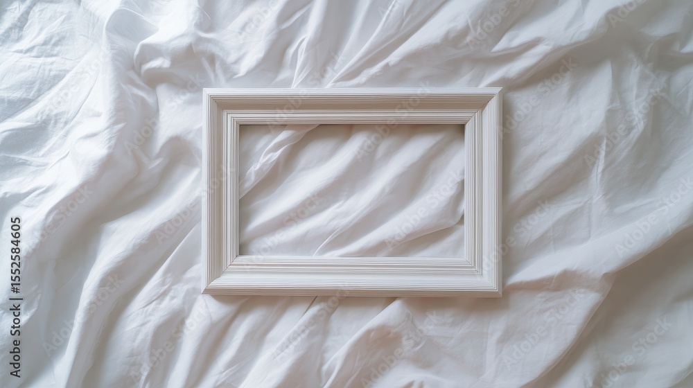 Poster top view of horizontal thin wooden frame on white bed sheet background with soft realistic shadows, 
