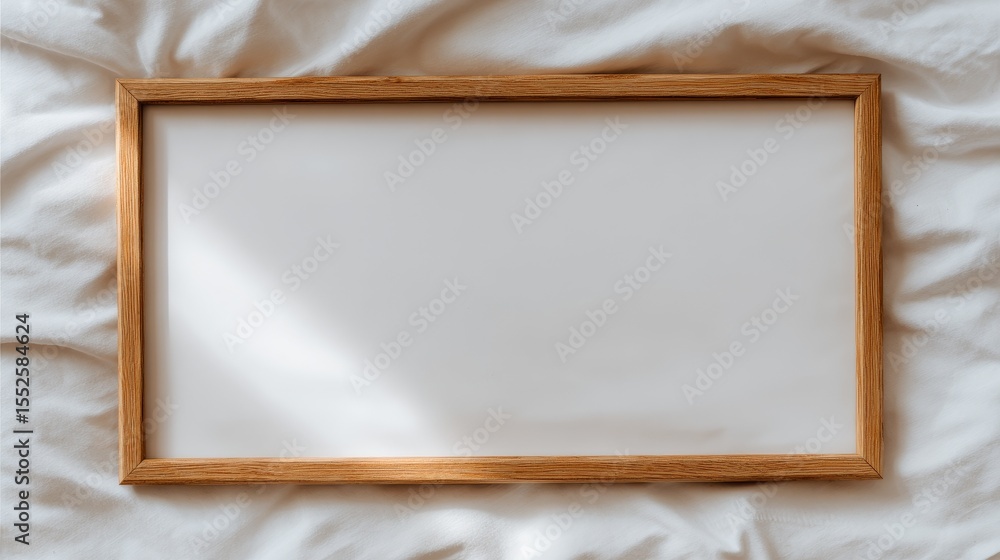 Poster top view of horizontal thin wooden frame on white bed sheet background with soft realistic shadows, 