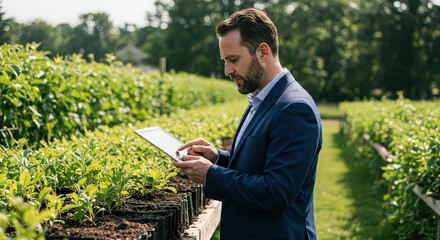 Man in suit using tablet in plant nursery inspecting seedlings and greenery in outdoor setting