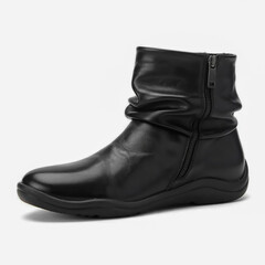 A product photo of a black leather ankle boot against a white background
