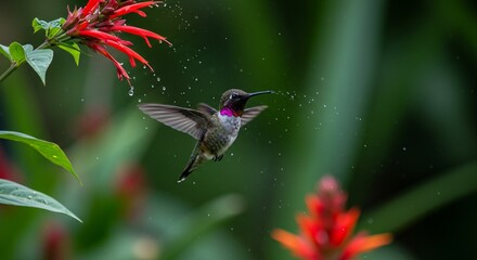 Obraz premium Hummingbird in flight among flowers