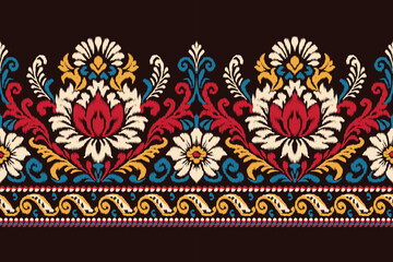 Colorful ikat floral pattern with traditional damask embroidery in red, yellow, and blue tones on black background, seamless ethnic textile design for clothing, decoration, fabric, and wallpaper.