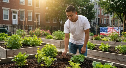 A man tends to a community garden plot with raised beds in an urban setting on a bright sunny day
