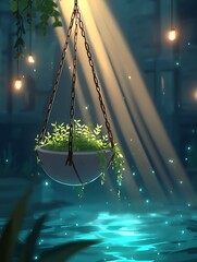 Hanging planter by a body of water